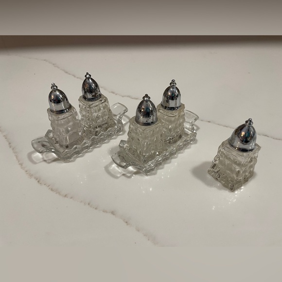 Fostoria American Clear Glass Mini Shakers with Tray; 2 Sets Plus One 1950s